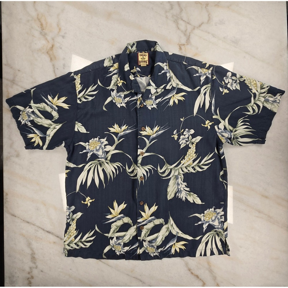 Tommy Bahama Button Up Mens Large Navy Floral Silk Tropical Hawaiian Camp Shirt
